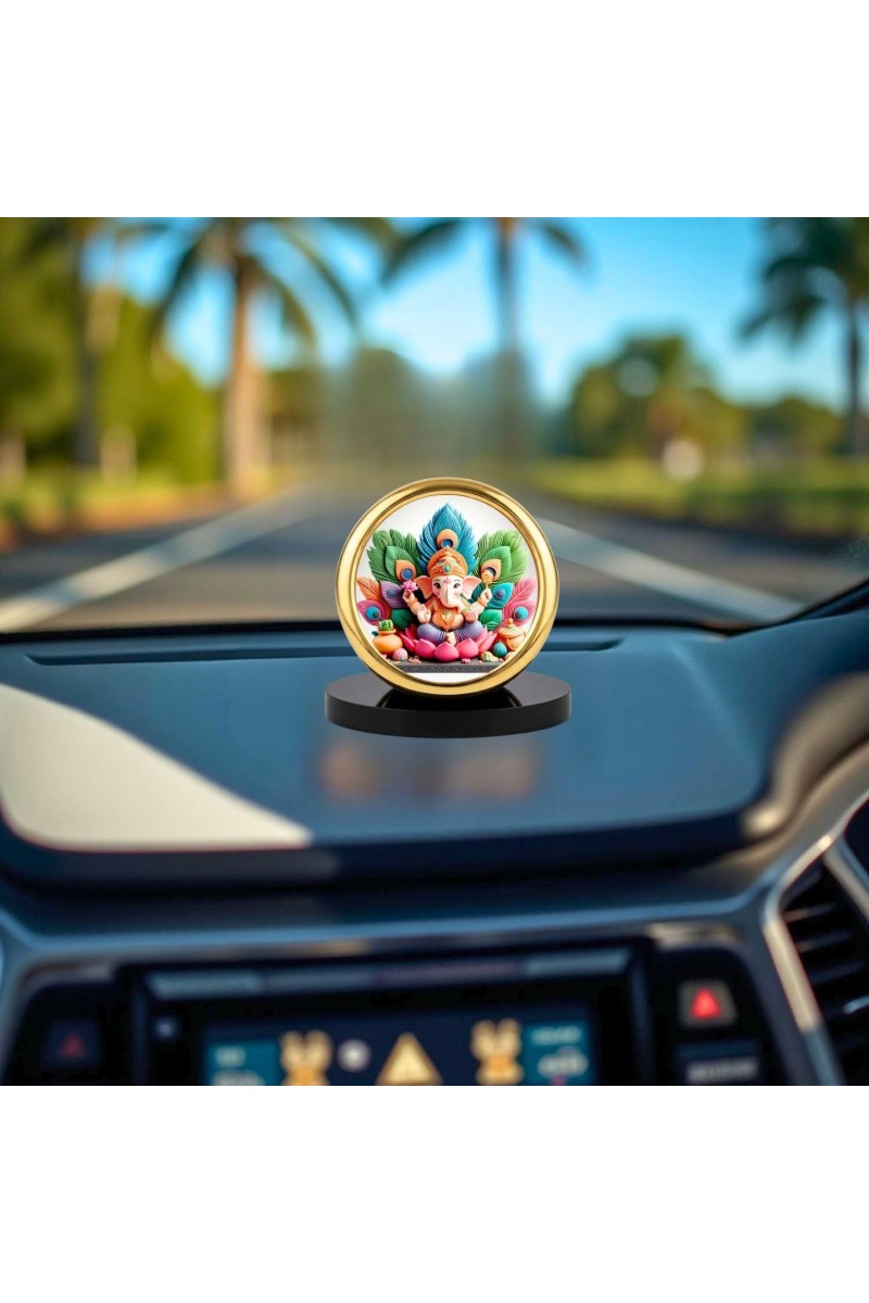 Car Desk/Table Top Lord Ganesha Metal Golden Photo Stand 2x2 Inches, Compact & Stylish Spiritual Display for Car, Home & Office (Pack of 1) (F18619)