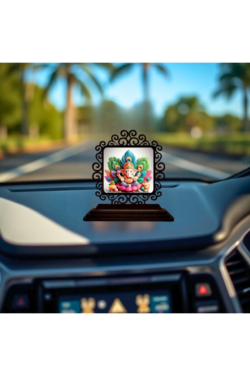 Car Desk/Table Top Lord Ganesha Wooden Showpiece 3x4 Inches, Compact & Stylish Spiritual Display for Car, Home & Office (Pack of 1) (F19929)
