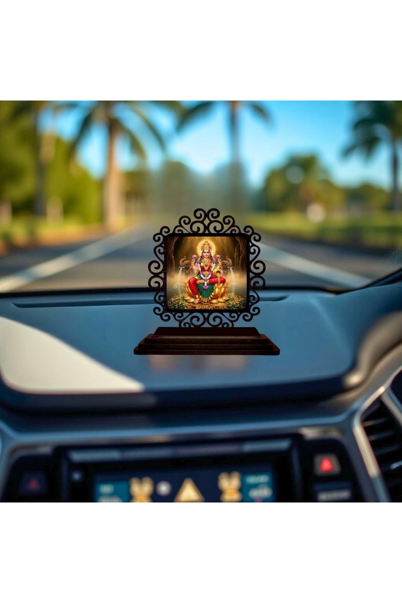 Car Desk/Table Top Goddess Lakshmi Wooden Showpiece 3x4 Inches, Compact & Stylish Spiritual Display for Car, Home & Office (Pack of 1) (F19945)