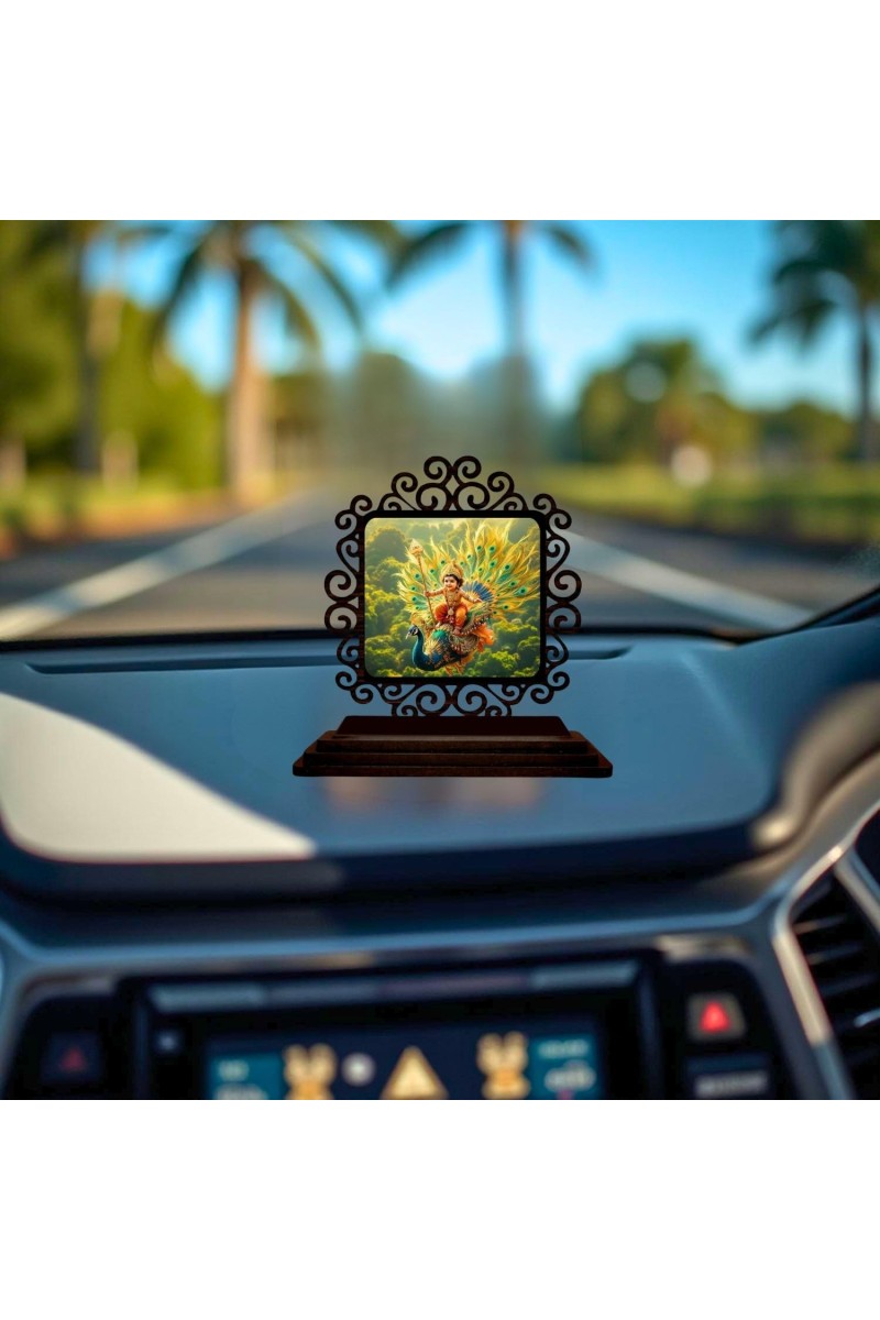 Car Desk/Table Top Lord Karthikeya Wooden Showpiece 3x4 Inches, Compact & Stylish Spiritual Display for Car, Home & Office (Pack of 1) (F20066)