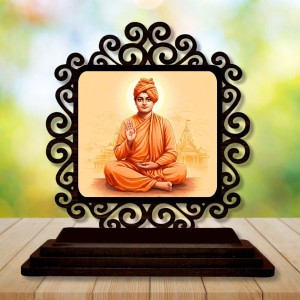 Car Desk/Table Top Swami Vivekananda Wooden Showpiece 3x4 Inches, Compact & Stylish Spiritual Display for Car, Home & Office (Pack of 1) (F19931)