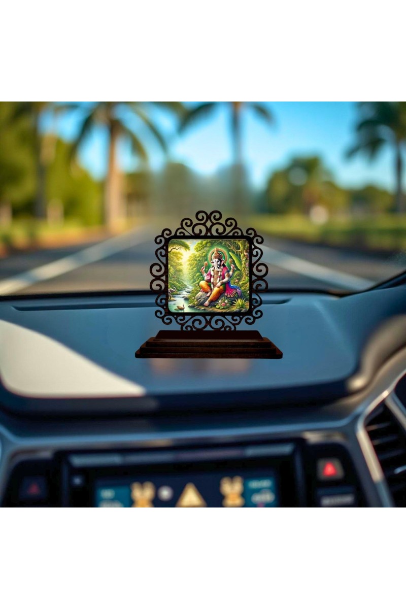 Car Desk/Table Top Lord Ganesha Wooden Showpiece 3x4 Inches, Compact & Stylish Spiritual Display for Car, Home & Office (Pack of 1) (F20033)