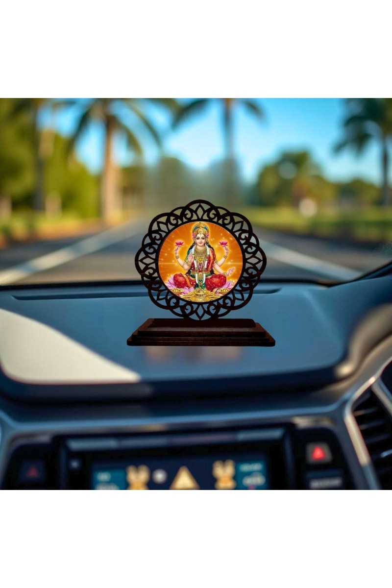 Car Desk/Table Top Goddess Lakshmi Wooden Showpiece 3x4 Inches, Compact & Stylish Spiritual Display for Car, Home & Office (Pack of 1) (F19607)