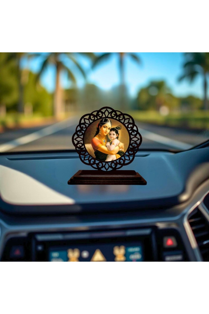 Car Desk/Table Top Lord Krishna with Yashodha Wooden Showpiece 3x4 Inches, Compact & Stylish Spiritual Display for Car, Home & Office (Pack of 1) (F19561)