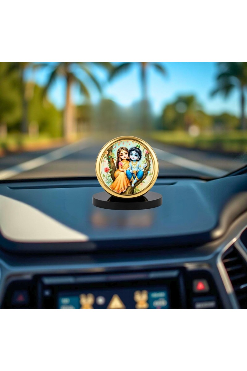 Car Desk/Table Top Little Radha Krishna Metal Golden Photo Stand 2x2 Inches, Compact & Stylish Spiritual Display for Car, Home & Office (Pack of 1) (F18834)