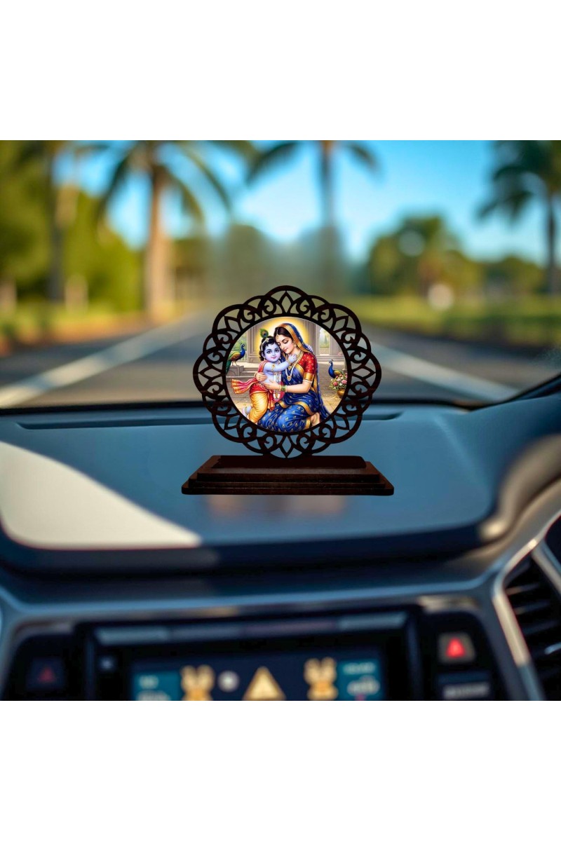 Car Desk/Table Top Yashodha and Krishna Wooden Showpiece 3x4 Inches, Compact & Stylish Spiritual Display for Car, Home & Office (Pack of 1) (F19766)