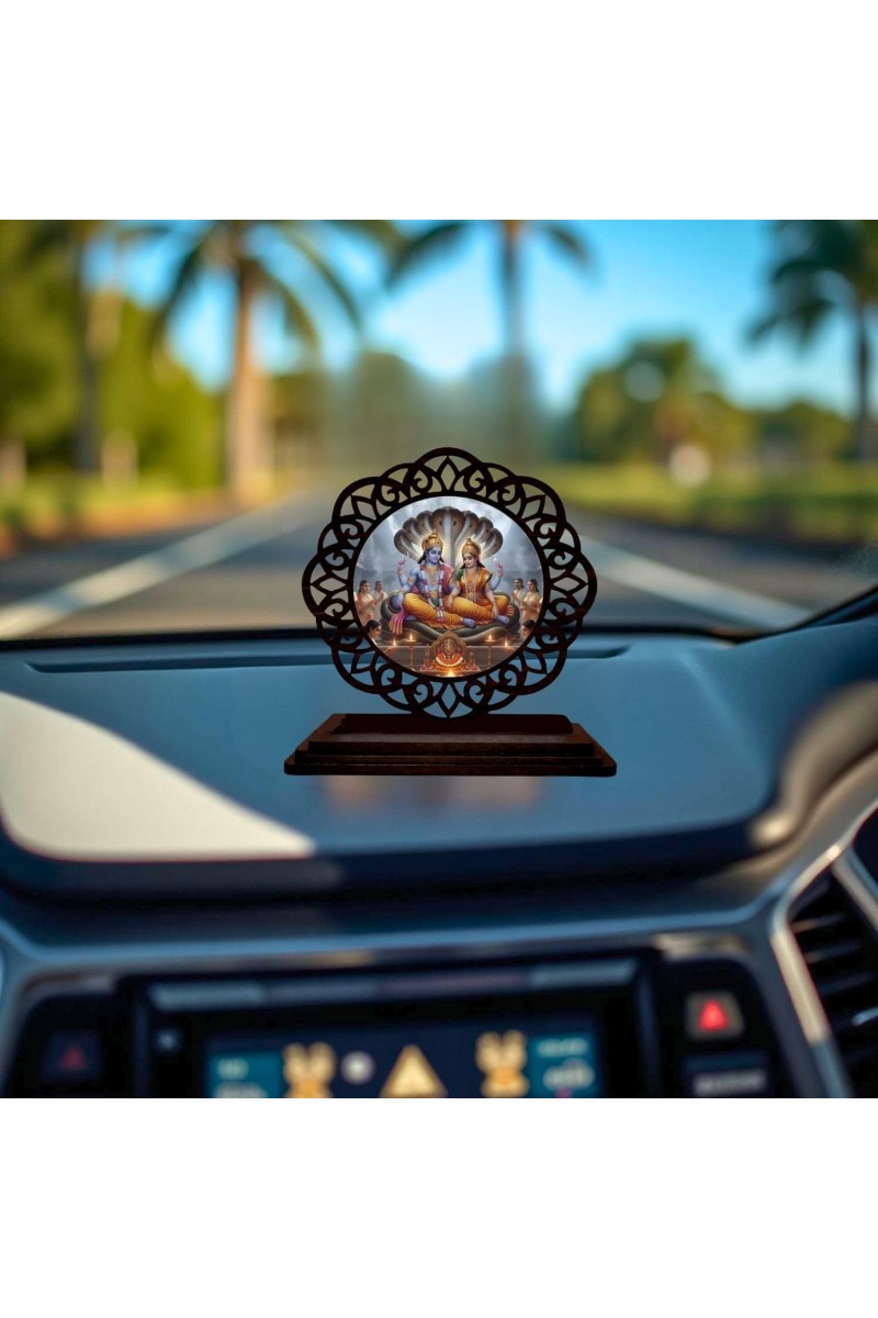 Car Desk/Table Top Lord Vishnu Lakshmi Wooden Showpiece 3x4 Inches, Compact & Stylish Spiritual Display for Car, Home & Office (Pack of 1) (F19642)