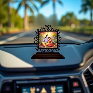 Car Desk/Table Top Radha Krishna Wooden Showpiece 3x4 Inches, Compact & Stylish Spiritual Display for Car, Home & Office (Pack of 1) (F19786)