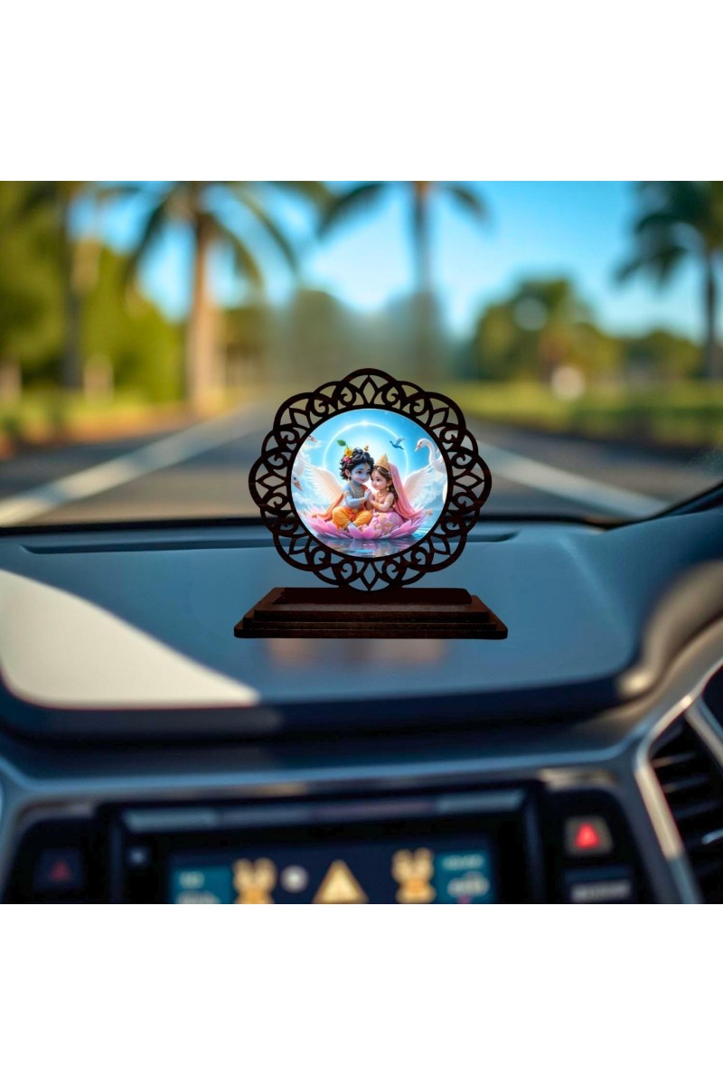 Car Desk/Table Top Radha Krishna Wooden Showpiece 3x4 Inches, Compact & Stylish Spiritual Display for Car, Home & Office (Pack of 1) (F19752)