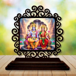 Car Desk/Table Top Lord Vishnu and Lakshmi Wooden Showpiece 3x4 Inches, Compact & Stylish Spiritual Display for Car, Home & Office (Pack of 1) (F19824)