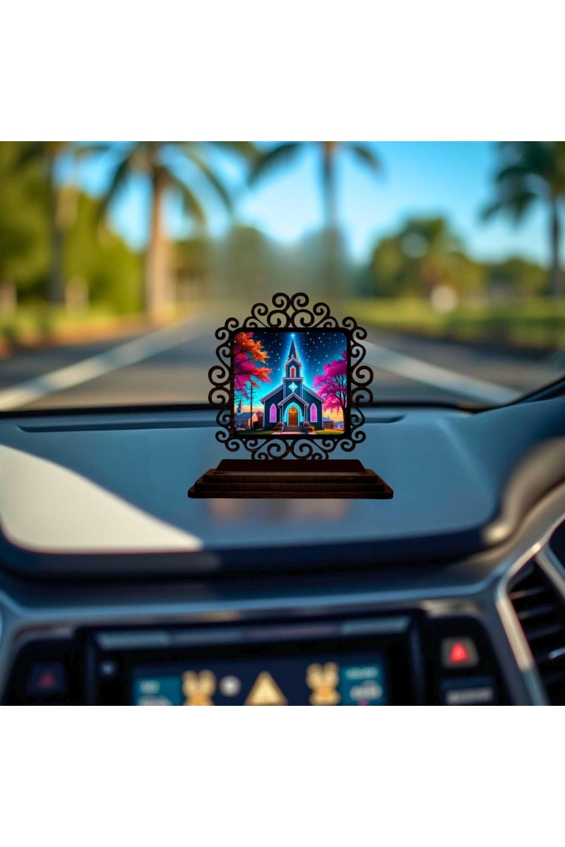 Car Desk/Table Top Beautiful Church Wooden Showpiece 3x4 Inches, Compact & Stylish Spiritual Display for Car, Home & Office (Pack of 1) (F19889)