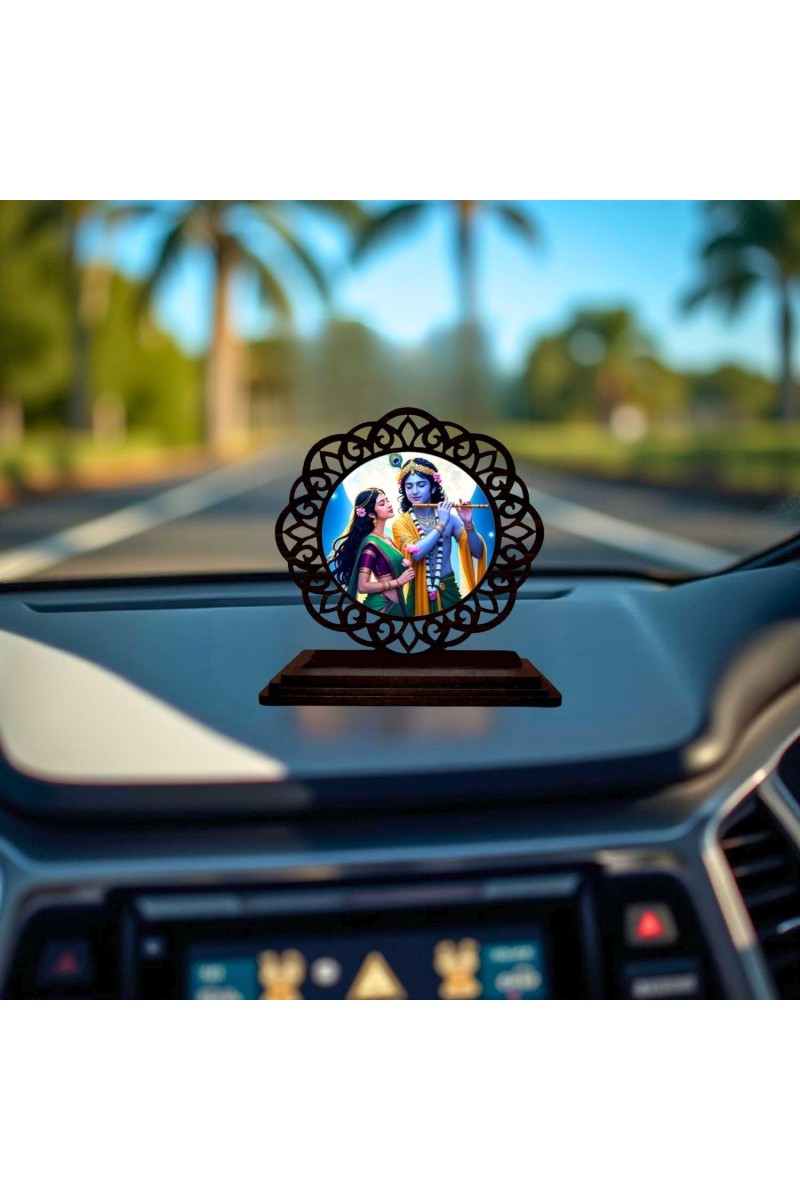 Car Desk/Table Top Radha Krishna Wooden Showpiece 3x4 Inches, Compact & Stylish Spiritual Display for Car, Home & Office (Pack of 1) (F19771)