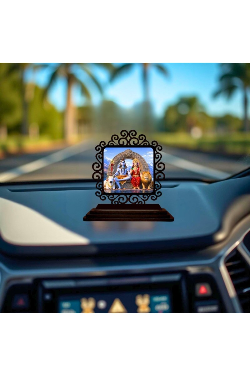 Car Desk/Table Top Lord Shiva and Parvathi Wooden Showpiece 3x4 Inches, Compact & Stylish Spiritual Display for Car, Home & Office (Pack of 1) (F19798)