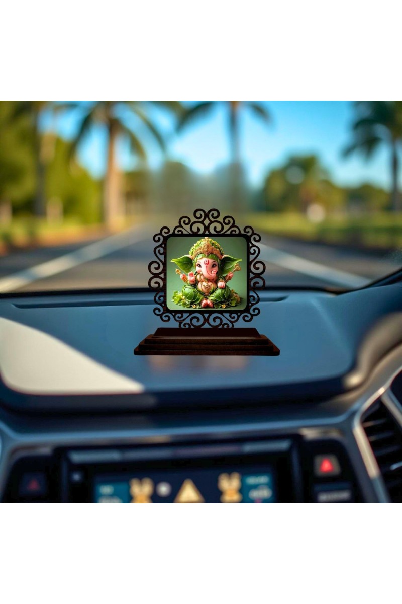 Car Desk/Table Top Lord Ganesha Wooden Showpiece 3x4 Inches, Compact & Stylish Spiritual Display for Car, Home & Office (Pack of 1) (F19916)