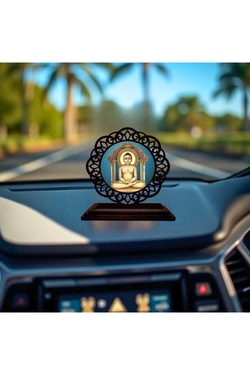 Car Desk/Table Top LordMahaviraa Wooden Showpiece 3x4 Inches, Compact & Stylish Spiritual Display for Car, Home & Office (Pack of 1) (F19564)