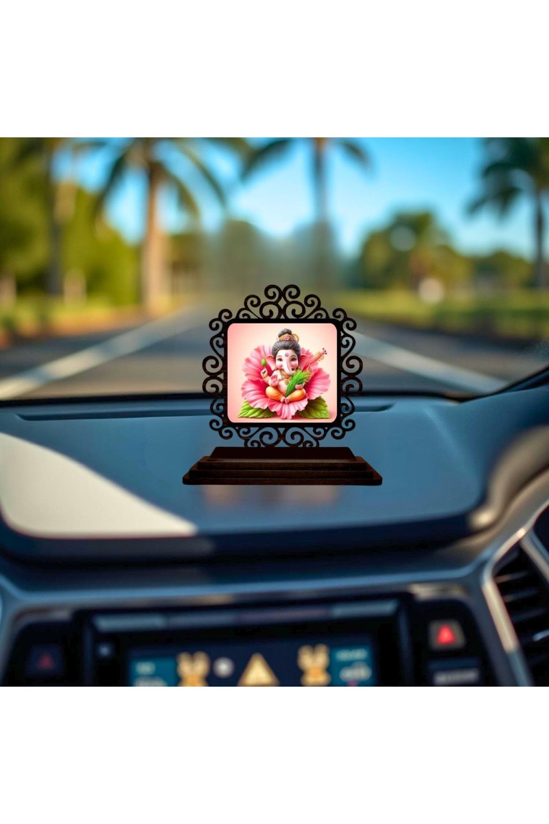 Car Desk/Table Top Lord Ganesha Wooden Showpiece 3x4 Inches, Compact & Stylish Spiritual Display for Car, Home & Office (Pack of 1) (F19922)
