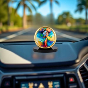 Car Desk/Table Top Radha Krishna Metal Golden Photo Stand 2x2 Inches, Compact & Stylish Spiritual Display for Car, Home & Office (Pack of 1) (F18788)
