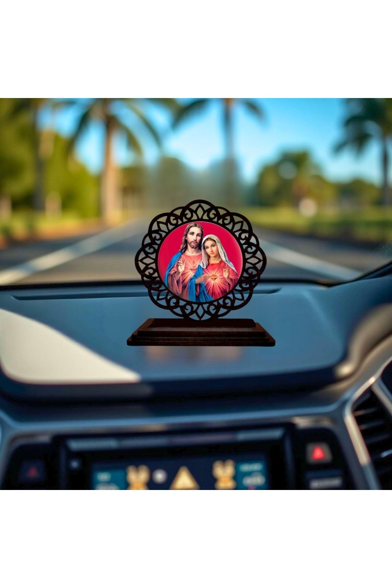 Car Desk/Table Top Lord Jesus and Merry Wooden Showpiece 3x4 Inches, Compact & Stylish Spiritual Display for Car, Home & Office (Pack of 1) (F19688)