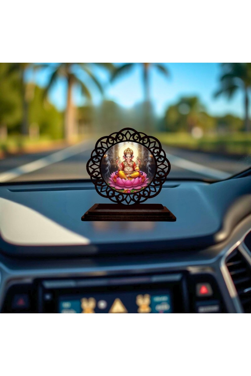Car Desk/Table Top Lord Ganesha Wooden Showpiece 3x4 Inches, Compact & Stylish Spiritual Display for Car, Home & Office (Pack of 1) (F19660)