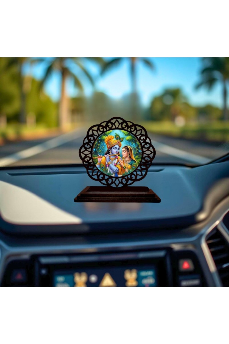 Car Desk/Table Top Sree Radha Krishna Wooden Showpiece 3x4 Inches, Compact & Stylish Spiritual Display for Car, Home & Office (Pack of 1) (F19595)