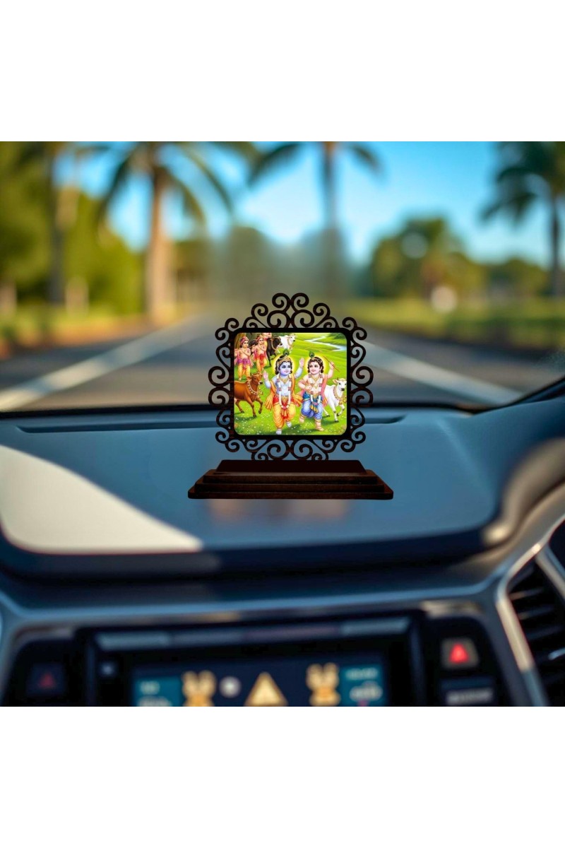Car Desk/Table Top Lord Krishna Wooden Showpiece 3x4 Inches, Compact & Stylish Spiritual Display for Car, Home & Office (Pack of 1) (F20048)