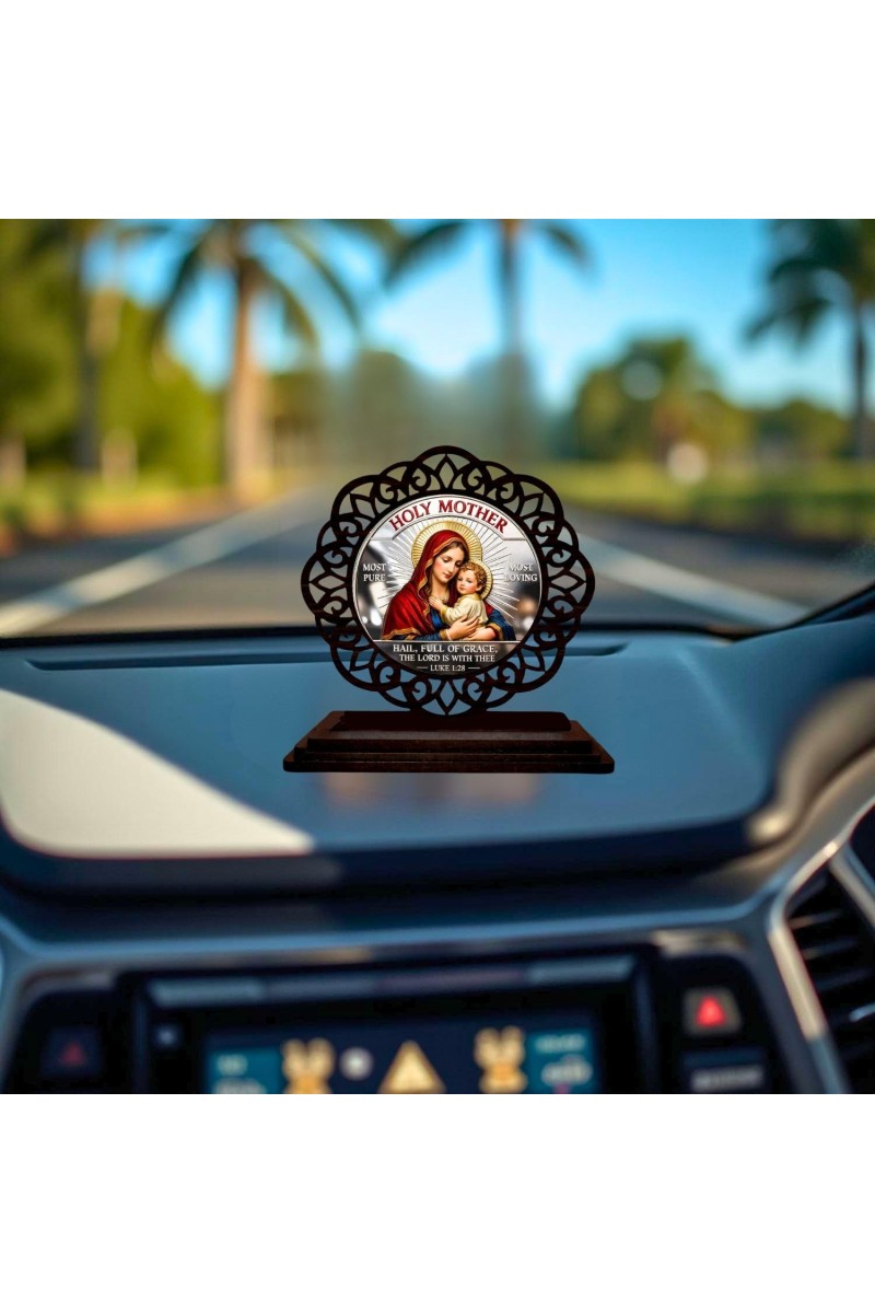 Car Desk/Table Top Lord Jesus and Merry Wooden Showpiece 3x4 Inches, Compact & Stylish Spiritual Display for Car, Home & Office (Pack of 1) (F19681)