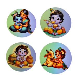 Wooden Krishna Fridge Magnets Set of 4 | Cute Baby Krishna Decorative Refrigerator Magnets | Spiritual & Cartoon Art Wooden Magnets for Home & Kitchen Decor