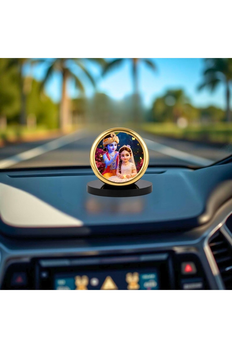 Car Desk/Table Top Little Radha Krishna Metal Golden Photo Stand 2x2 Inches, Compact & Stylish Spiritual Display for Car, Home & Office (Pack of 1) (F18833)