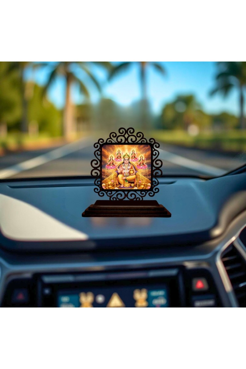 Car Desk/Table Top Lord Kubera and Lakshmi Wooden Showpiece 3x4 Inches, Compact & Stylish Spiritual Display for Car, Home & Office (Pack of 1) (F19837)