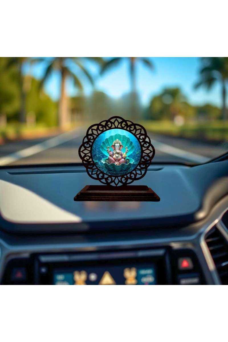 Car Desk/Table Top Lord Ganesha Wooden Showpiece 3x4 Inches, Compact & Stylish Spiritual Display for Car, Home & Office (Pack of 1) (F19732)