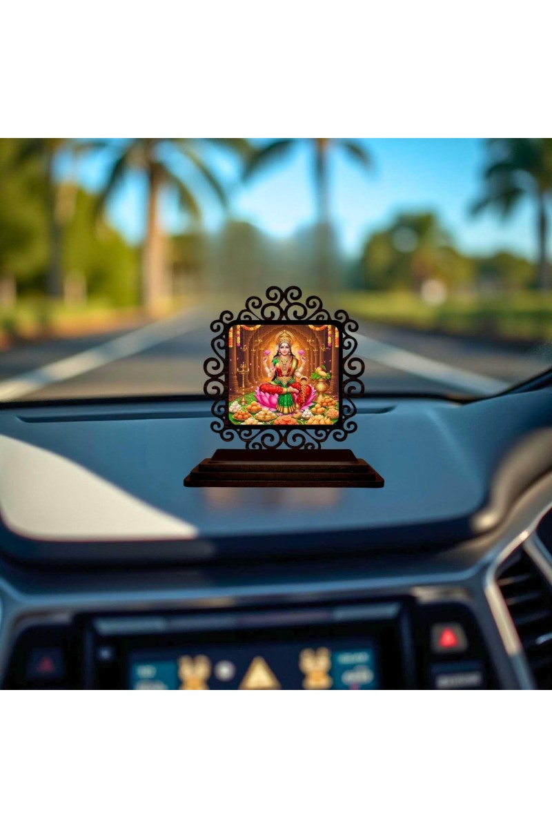 Car Desk/Table Top Goddess Lakshmi Wooden Showpiece 3x4 Inches, Compact & Stylish Spiritual Display for Car, Home & Office (Pack of 1) (F19831)