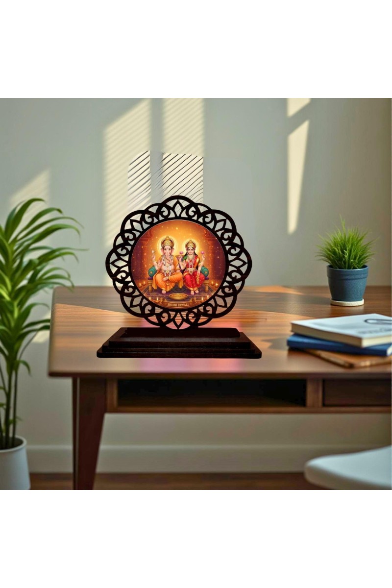 Car Desk/Table Top Lord Ganesha and Lakshmi Wooden Showpiece 3x4 Inches, Compact & Stylish Spiritual Display for Car, Home & Office (Pack of 1) (F19741)