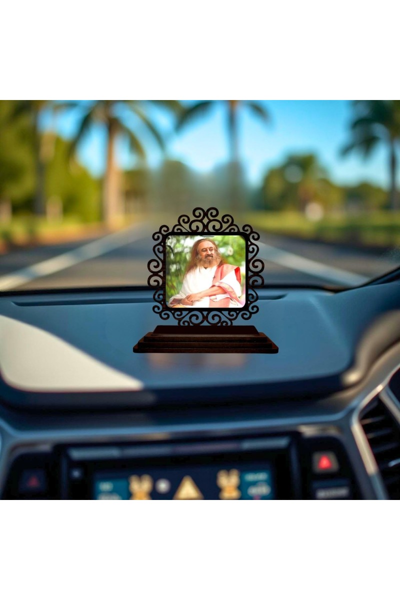 Car Desk/Table Top Sri Sri Ravi Shankar Wooden Showpiece 3x4 Inches, Compact & Stylish Spiritual Display for Car, Home & Office (Pack of 1) (F19920)