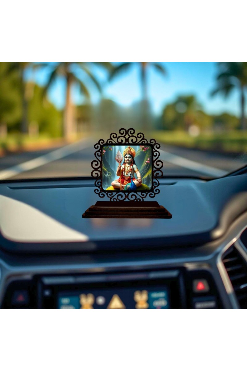 Car Desk/Table Top Lord Karthikeya Wooden Showpiece 3x4 Inches, Compact & Stylish Spiritual Display for Car, Home & Office (Pack of 1) (F20067)