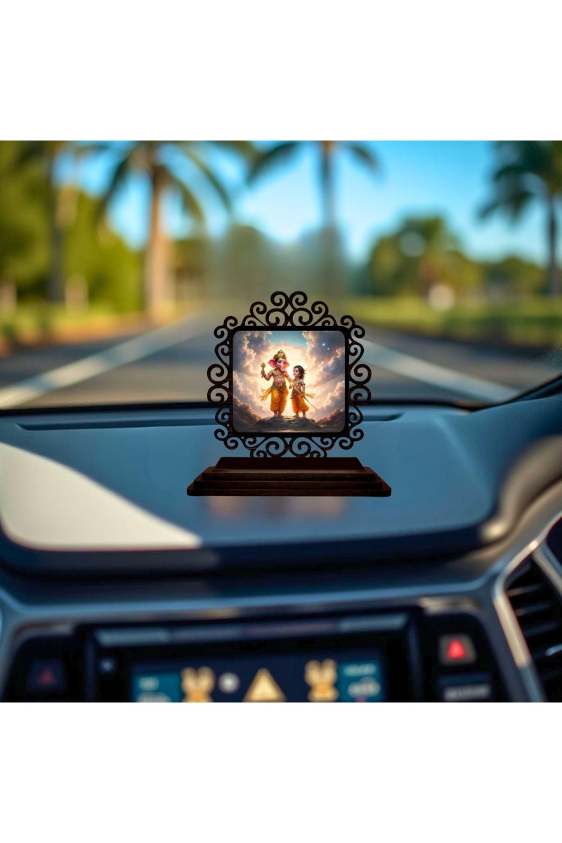Car Desk/Table Top Lord Ganesha and Karthikeya Wooden Showpiece 3x4 Inches, Compact & Stylish Spiritual Display for Car, Home & Office (Pack of 1) (F20010)