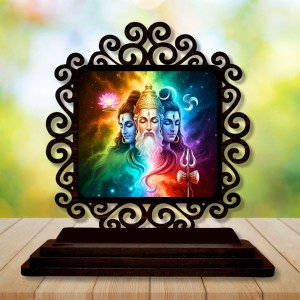 Car Desk/Table Top Bramha and Vishnu and Shiva Wooden Showpiece 3x4 Inches, Compact & Stylish Spiritual Display for Car, Home & Office (Pack of 1) (F20043)