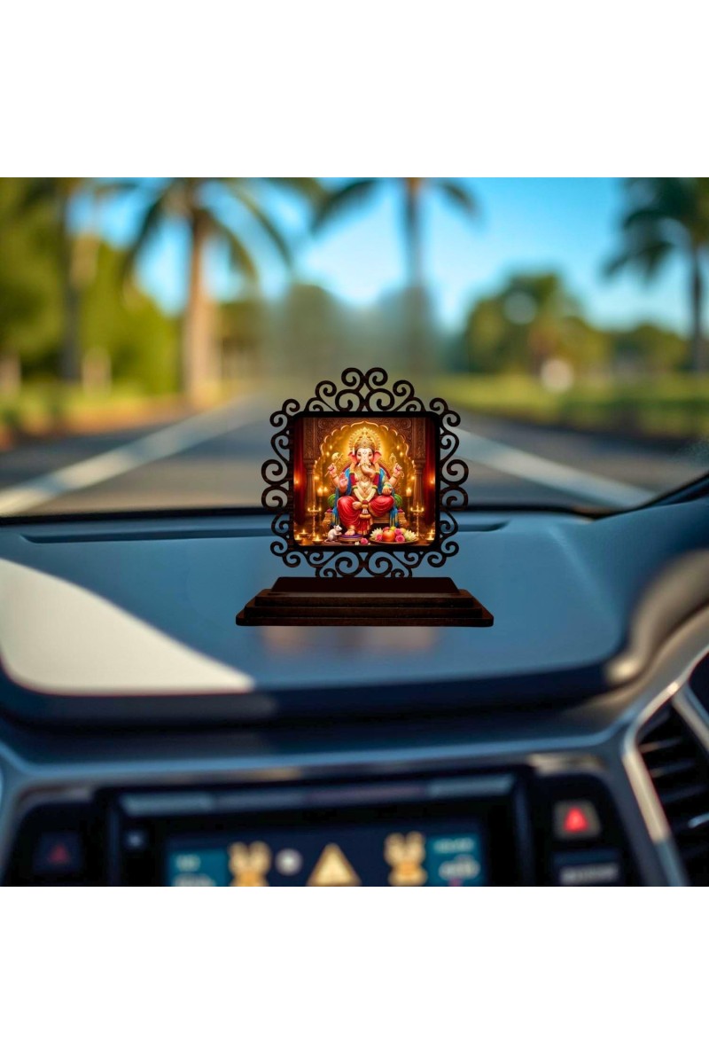 Car Desk/Table Top Lord Ganesha Wooden Showpiece 3x4 Inches, Compact & Stylish Spiritual Display for Car, Home & Office (Pack of 1) (F19804)