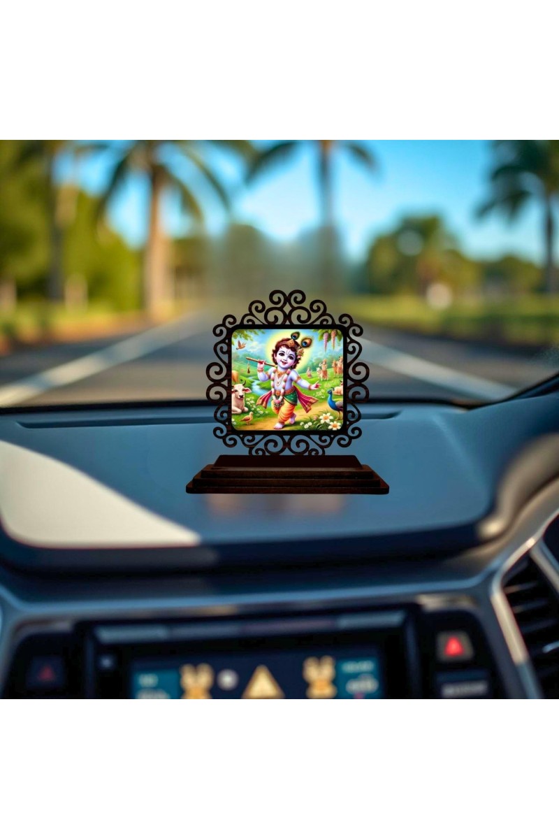Car Desk/Table Top Lord Krishna Wooden Showpiece 3x4 Inches, Compact & Stylish Spiritual Display for Car, Home & Office (Pack of 1) (F20024)