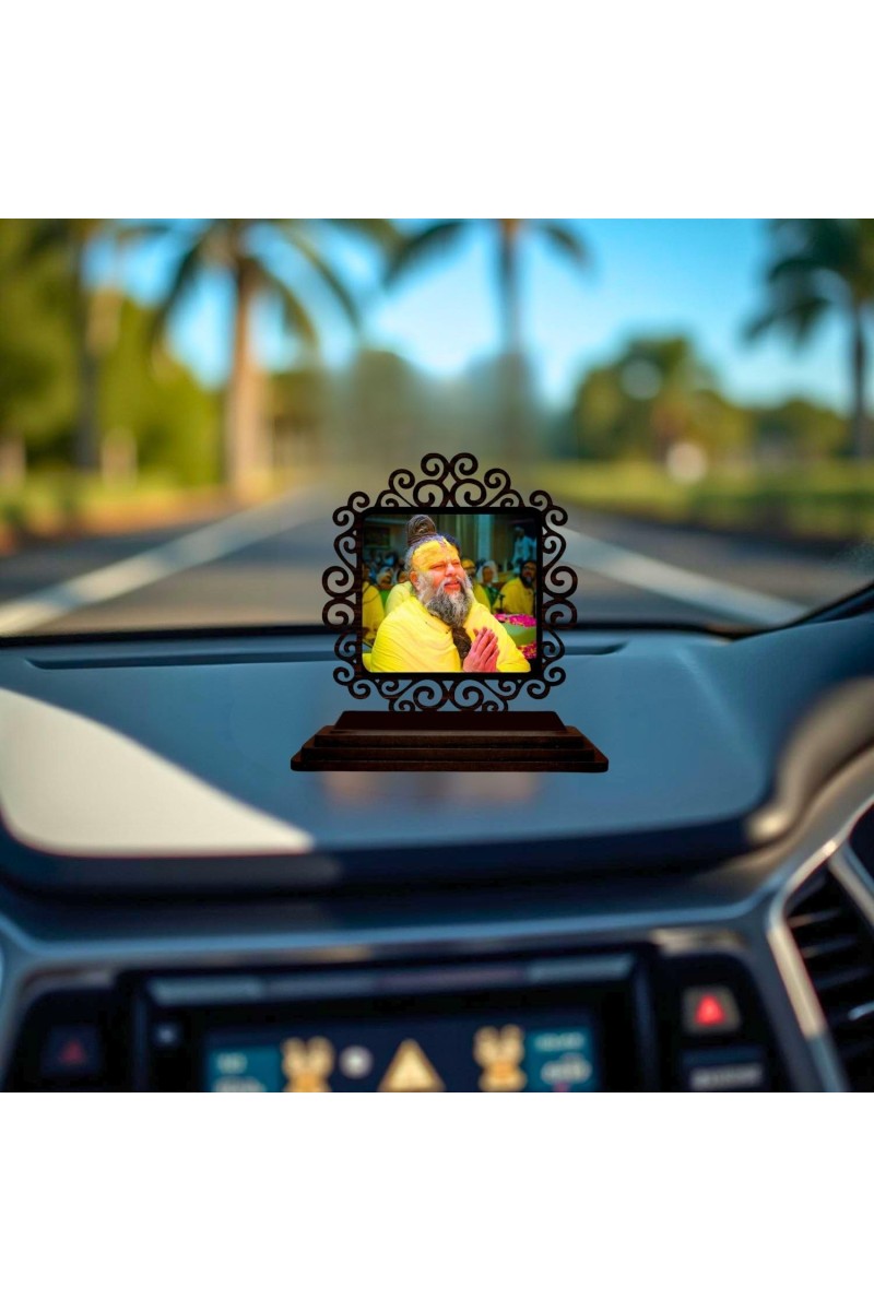 Car Desk/Table Top Premanand Govind Sharan Ji Maharaj Wooden Showpiece 3x4 Inches, Compact & Stylish Spiritual Display for Car, Home & Office (Pack of 1) (F19957)
