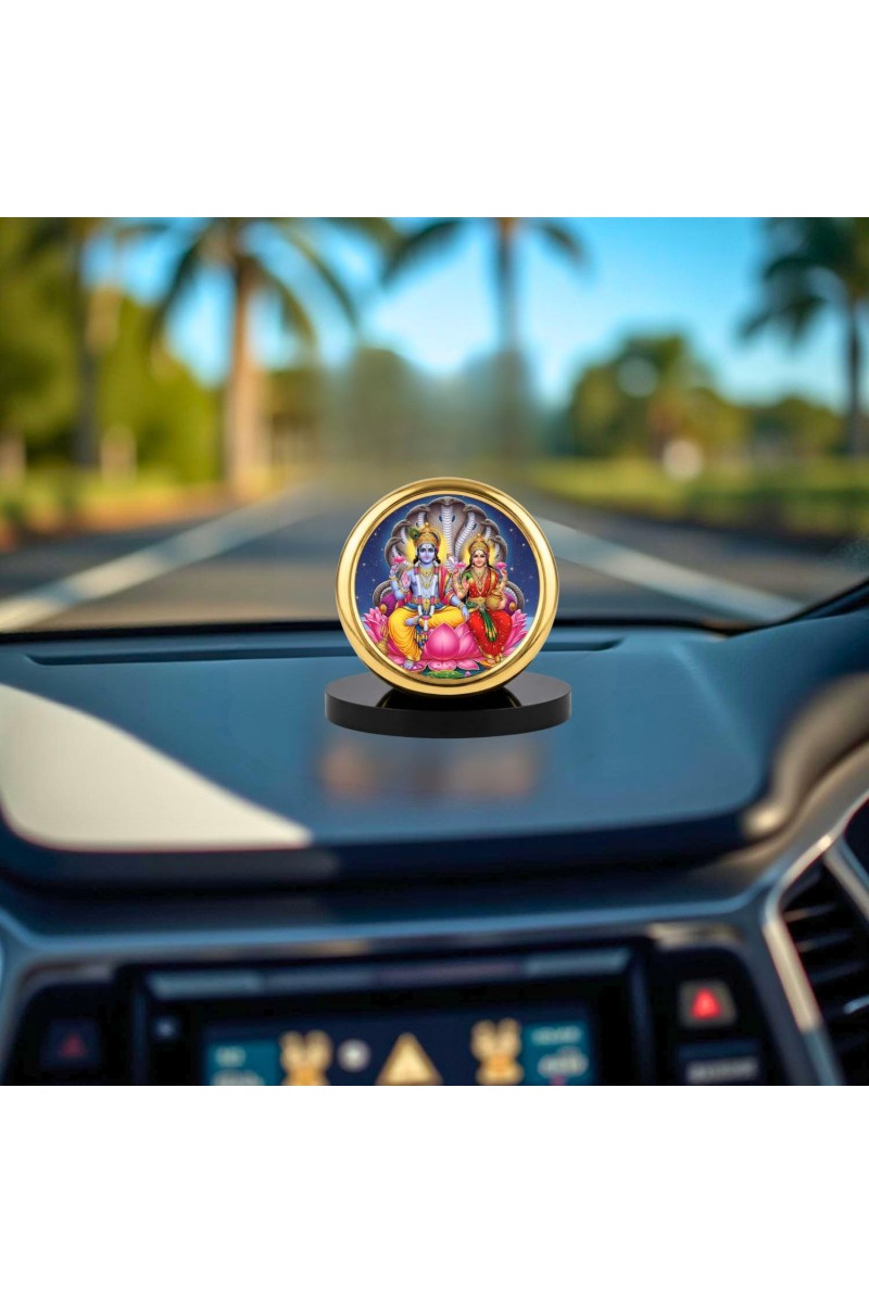 Car Desk/Table Top Lord Vishnu Laksmi Metal Golden Photo Stand 2x2 Inches, Compact & Stylish Spiritual Display for Car, Home & Office (Pack of 1) (F20718)