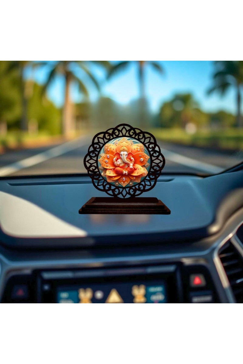 Car Desk/Table Top Lord Ganesha Wooden Showpiece 3x4 Inches, Compact & Stylish Spiritual Display for Car, Home & Office (Pack of 1) (F19689)