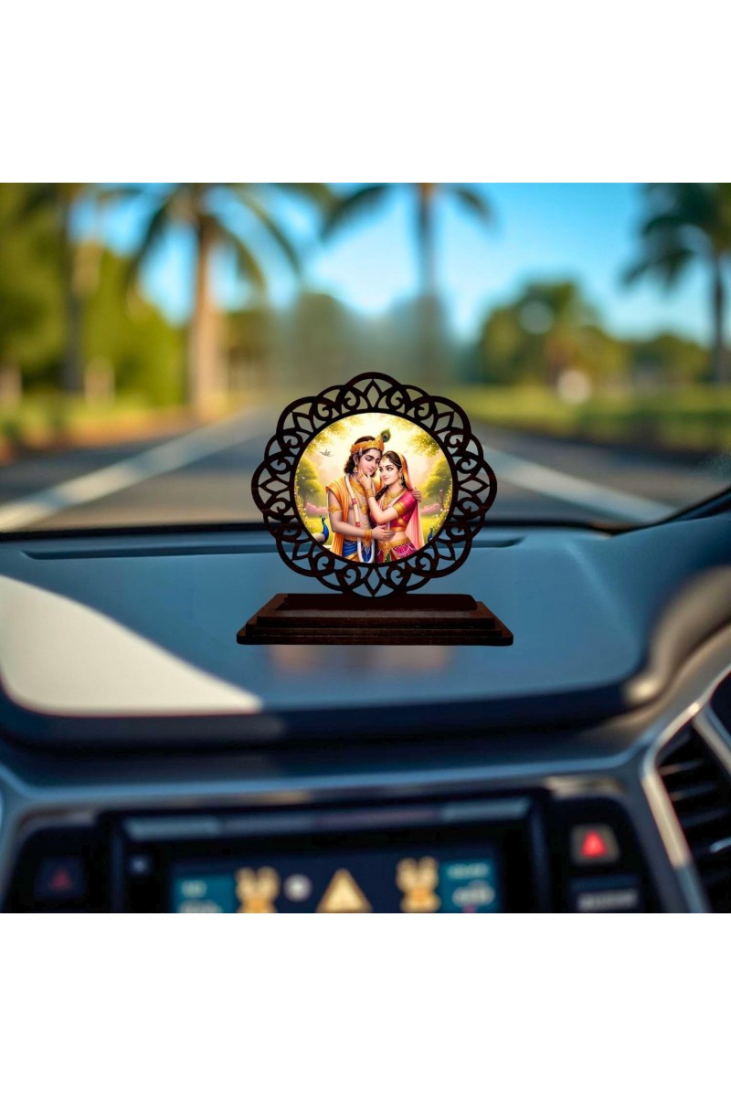 Car Desk/Table Top Radha Krishna Wooden Showpiece 3x4 Inches, Compact & Stylish Spiritual Display for Car, Home & Office (Pack of 1) (F19705)