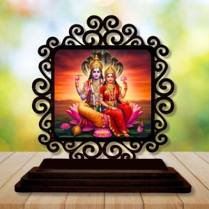 Car Desk/Table Top Lord Vishnu and Lakshmi Wooden Showpiece 3x4 Inches, Compact & Stylish Spiritual Display for Car, Home & Office (Pack of 1) (F20045)