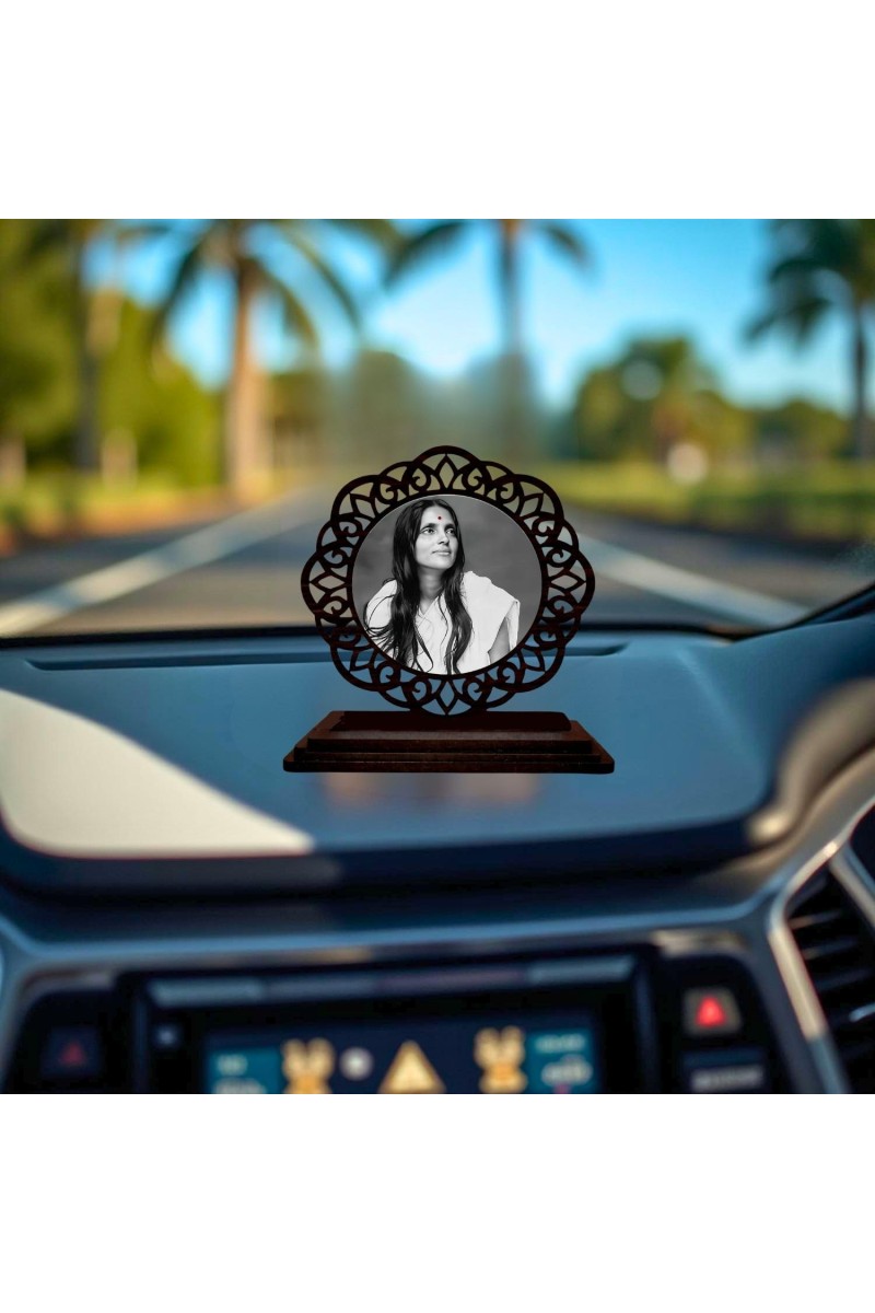 Car Desk/Table Top Ananadamayi Maa Wooden Showpiece 3x4 Inches, Compact & Stylish Spiritual Display for Car, Home & Office (Pack of 1) (F19629)