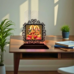 Car Desk/Table Top Lord Ganesha and Lakshmi Wooden Showpiece 3x4 Inches, Compact & Stylish Spiritual Display for Car, Home & Office (Pack of 1) (F19822)