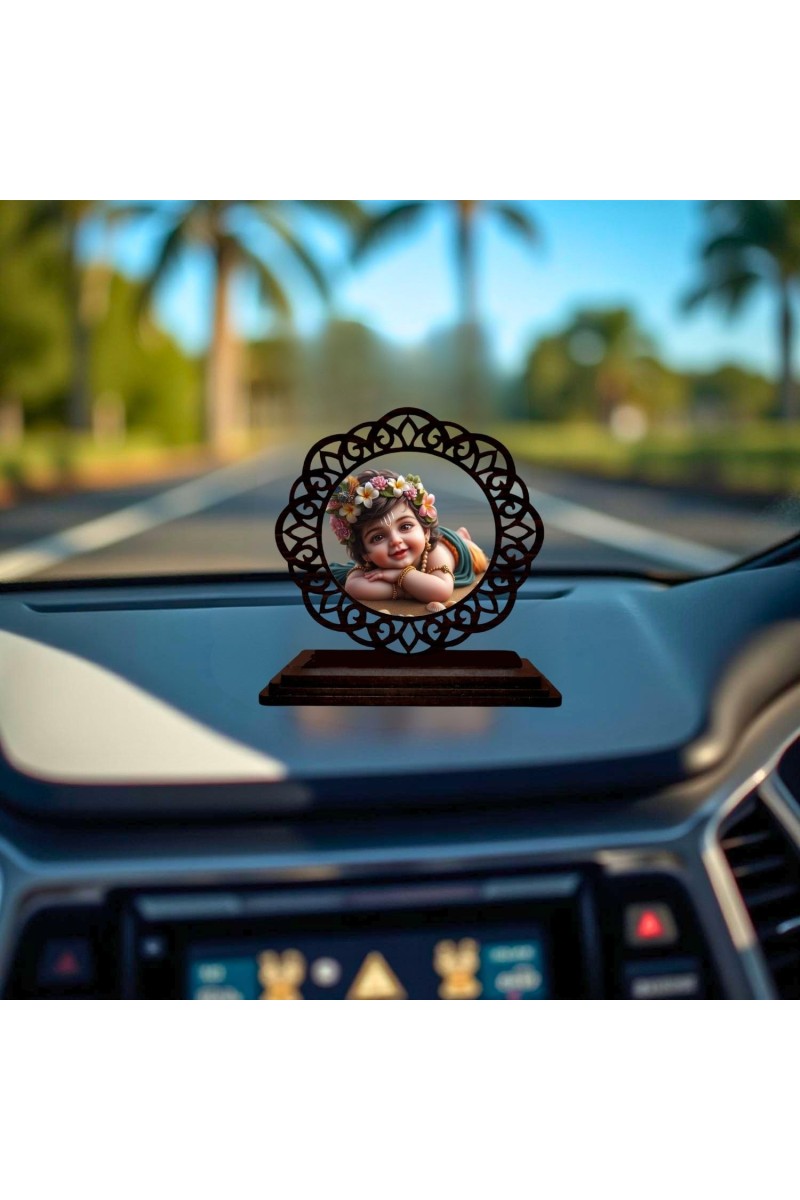 Car Desk/Table Top Lord Krishna Wooden Showpiece 3x4 Inches, Compact & Stylish Spiritual Display for Car, Home & Office (Pack of 1) (F19592)