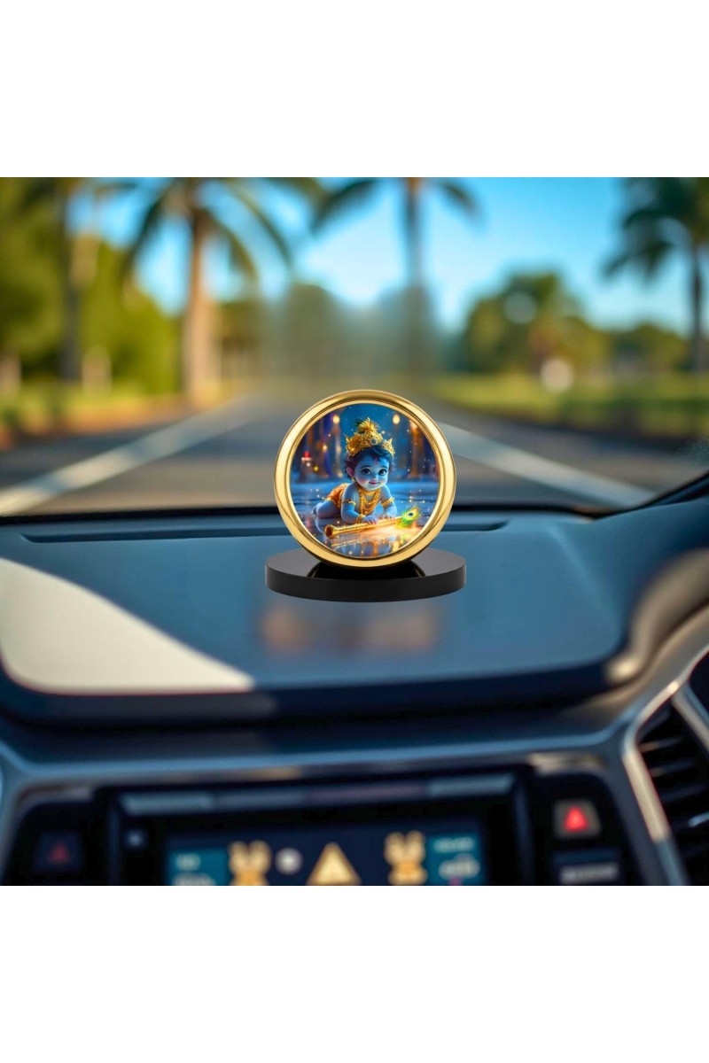 Car Desk/Table Top Little Krishna Metal Golden Photo Stand 2x2 Inches, Compact & Stylish Spiritual Display for Car, Home & Office (Pack of 1) (F18896)