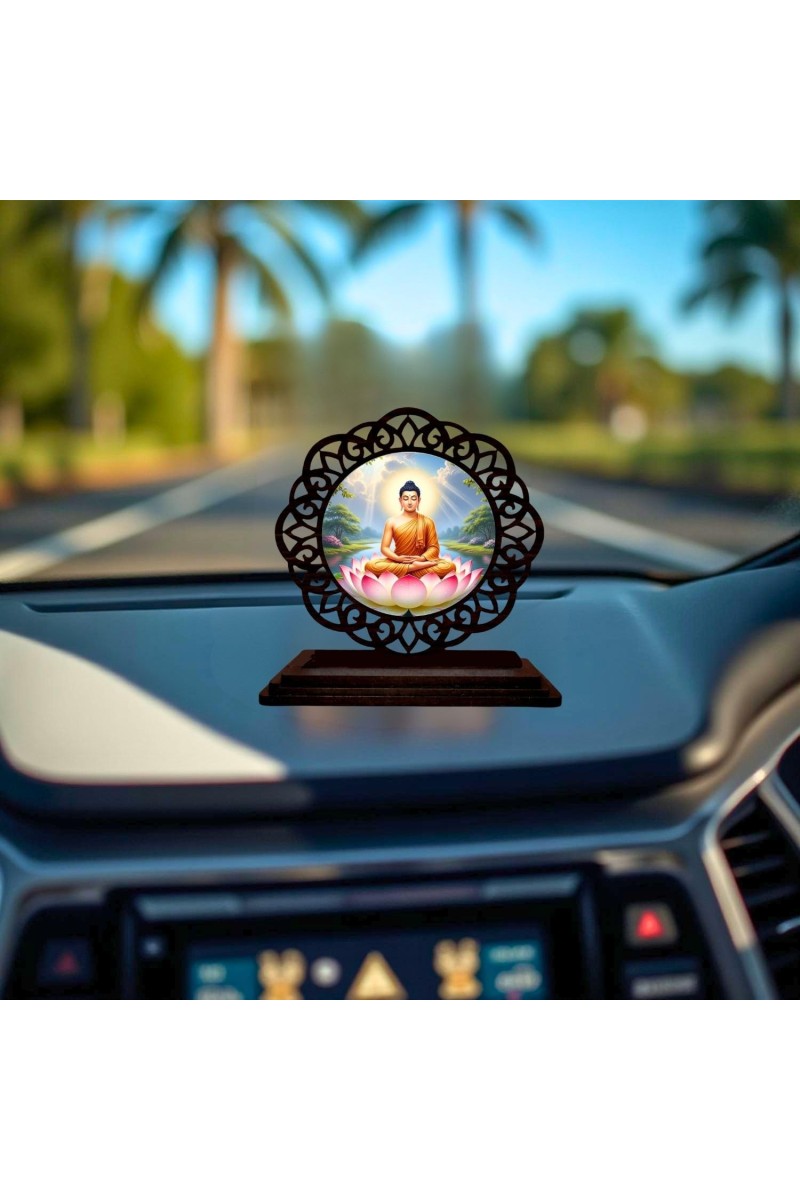 Car Desk/Table Top Lord Buddha Wooden Showpiece 3x4 Inches, Compact & Stylish Spiritual Display for Car, Home & Office (Pack of 1) (F19764)