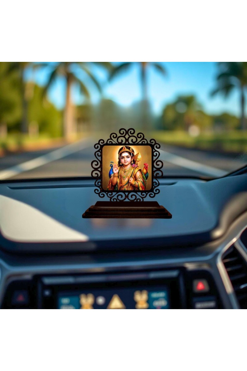 Car Desk/Table Top Lord Karthikeya Wooden Showpiece 3x4 Inches, Compact & Stylish Spiritual Display for Car, Home & Office (Pack of 1) (F19860)
