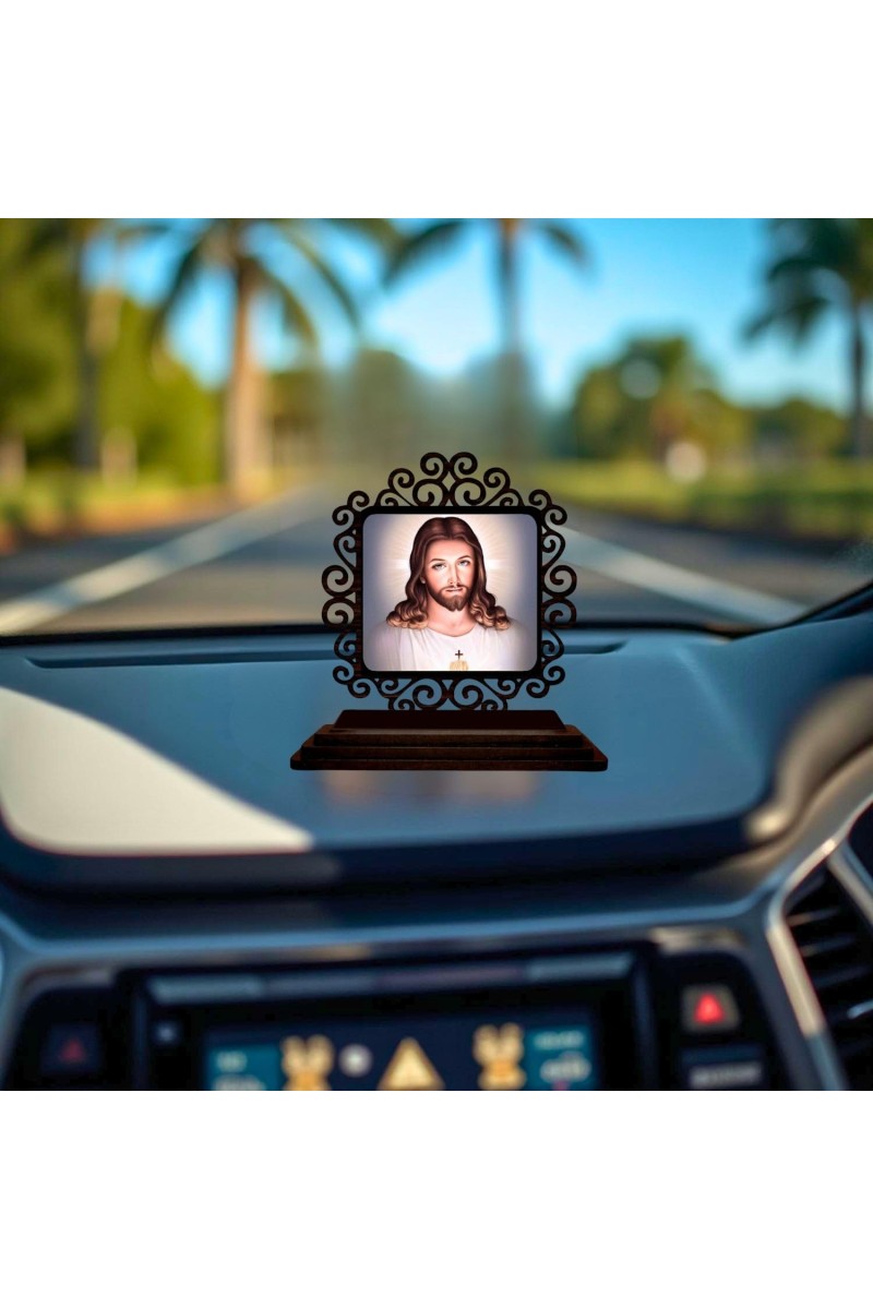 Car Desk/Table Top Lord Jesus Wooden Showpiece 3x4 Inches, Compact & Stylish Spiritual Display for Car, Home & Office (Pack of 1) (F19773)